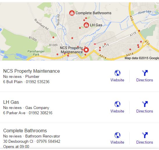 A map image of plumbers as an important feature of Google's SERP