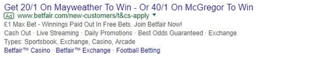 Advert from Betfair showing their odds on McGregor and Mayweather